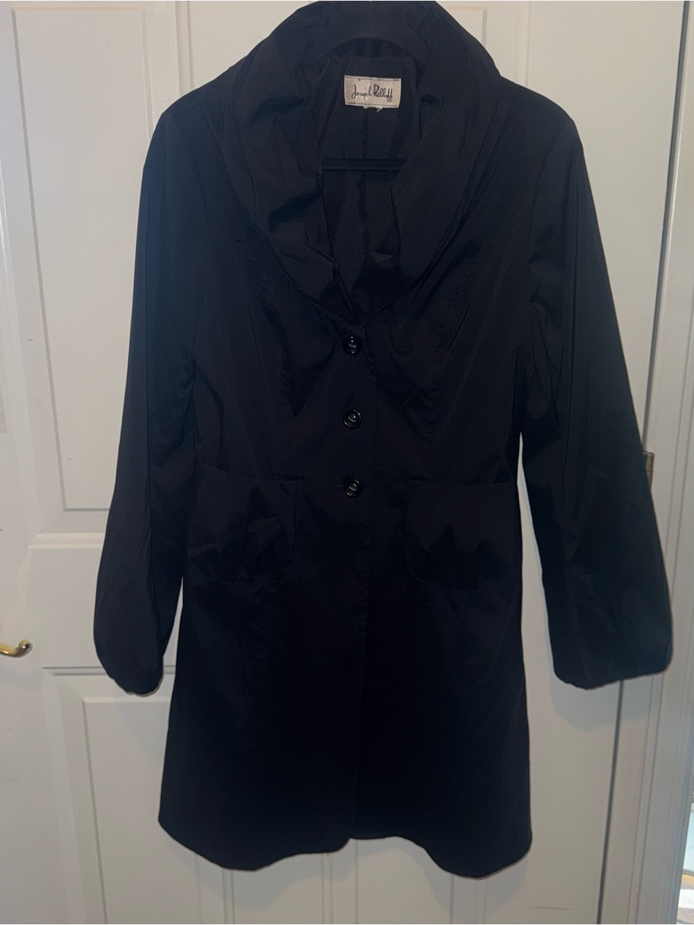 Joseph Ribkoff Black Asymmetrical Shawl Cowl Neck Button Trench Coat Size 8